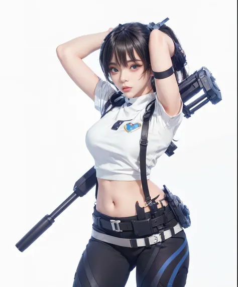 anime - style woman in white shirt and black pants holding a gun, inspired by leng mei, render of a cute 3d anime girl, trending...