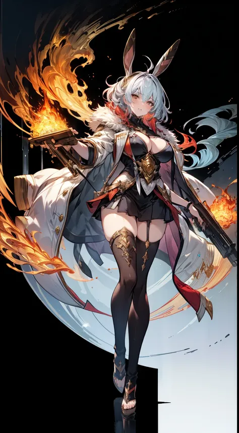 Fullbody, feet, standind, foot silver goddess in flame-red pleated skinny cloth with golden lines accents, long sleeves, fireball, satin, fur, (stockings), decollete, natural breasts, slim body, big weapons, ((rune lines on skin)), zettai ryouiki, medium l...