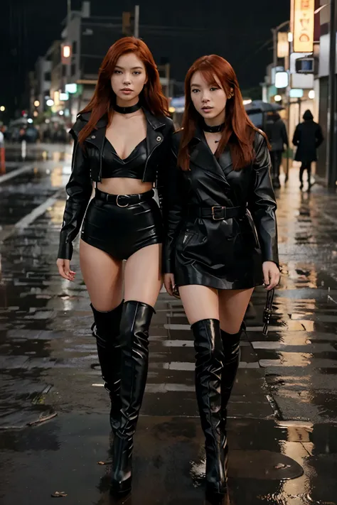 Two Sexy redhead nude japanese girls in a Girls world only walking exploration wearing only Black over-the-knee high heels boots and a dog collar. Rain.