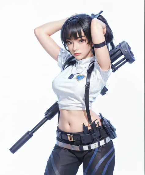 anime - style woman in white shirt and black pants holding a gun, inspired by leng mei, render of a cute 3d anime girl, trending...