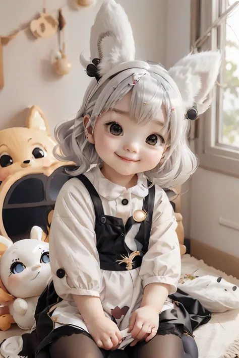 A girl with striking white hair、Fox ears and tail、hair ornaments、black pantyhose、No sleeve、smile、baby face