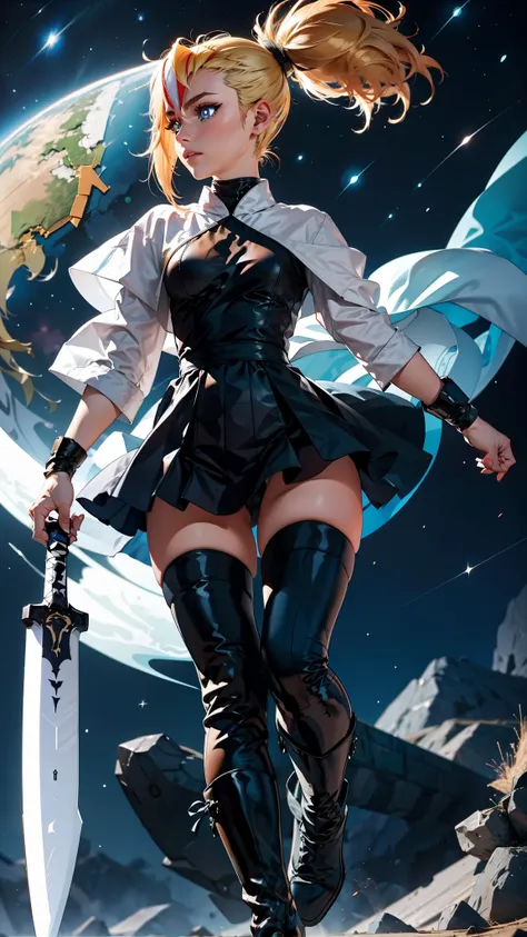 1 girl, ultra long hair, ultra detailed face, glowing lips, glowing blue eyes, very long ponytail, elegant walk, catwalk, holding down a  giant katana, blonde, long eyelashes, long boots , looking to the sky, starry sky, a ultra giant katana 