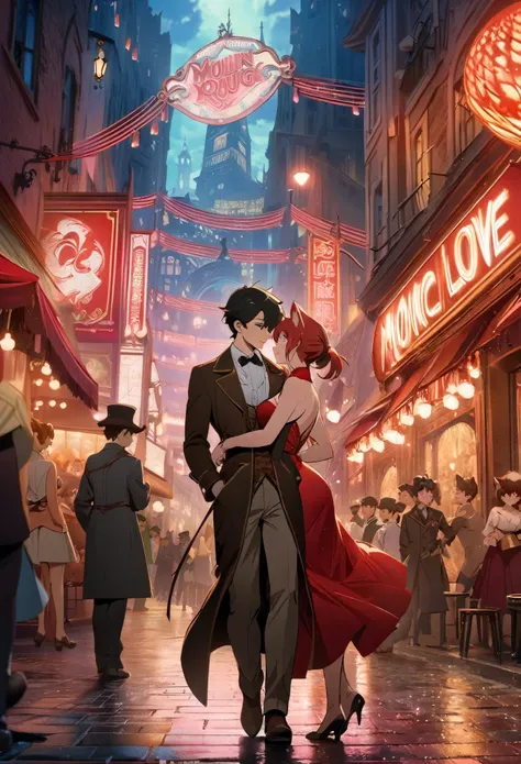 movie poster, highres, top quality, best quality, perfect artwork, absurdres, perfect anatomy(young male detective and a woman in Chinese dress furry, kemono, anthro)arafed image of a couple in a city street at night, moulin rouge, movie artwork, concept a...