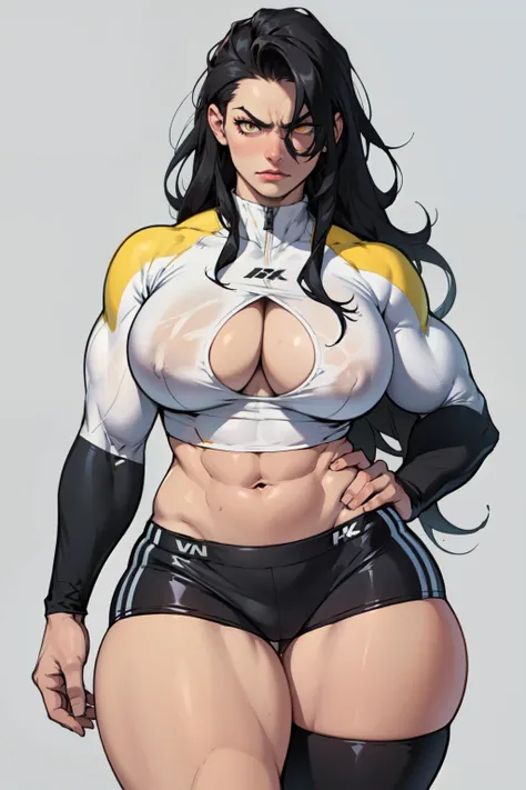 solo, 1 girl, (very long hair), black hair, angry, yellow eyes pale skin (wide hips thick thighs curvy muscular toned body bodybuilder huge tits) longsleeve skintight