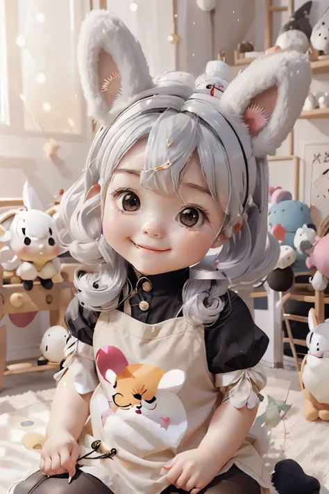 a girl with striking white hair、fox ears and tail、hair ornaments、black pantyhose、no sleeve、smile、baby face