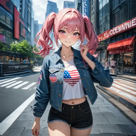 a woman wearing a denim jacket with the united states symbol on the jacket, wearing black denim shorts, hot pink hair with gray ...