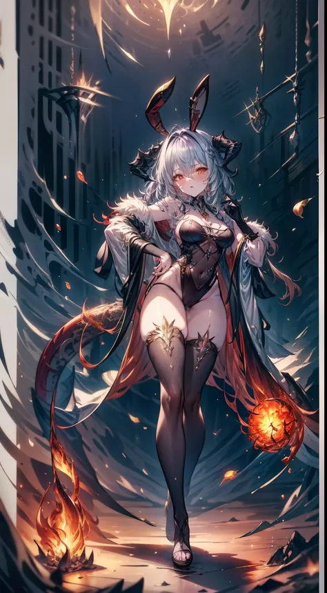 Dragon horns, big drangon tail, Fullbody, feet, standind, foot silver goddess in flame-red pleated skinny cloth with golden lines accents, long sleeves, fireball, satin, fur, (stockings), decollete, natural breasts, slim body, big weapons, ((rune lines on ...