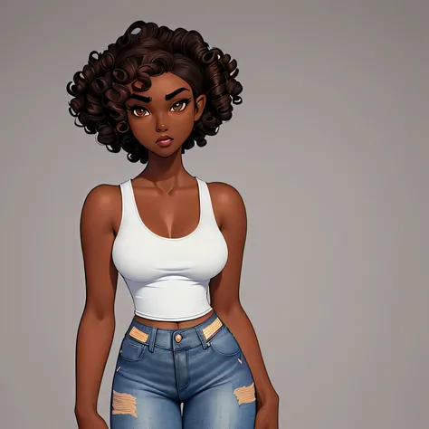 ((masterpiece)) ((beautiful)) ((perfect face)) ((highly detailed)) ((dark skin)) ((brown eyes)) ((small breasts)) ((slender figure)) ((thick lips)) ((wide nose)) ((wide hips)) ((short curly hair)) ((wearing a white tank top and tight jeans)) ((young woman)...