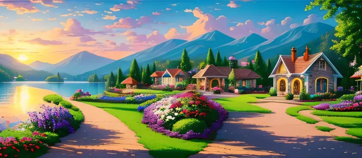 villa painting, flowers next to the fence, fence along the road, Mountain landscape with lake and boats, Illustration Matte Paint, Inspired by Thomas Kinkade, symmetrical matte paint, detailed scenery , a raw style, 8K ultra-detailed、sunrise、