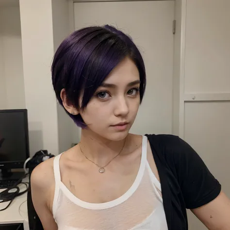 A teenage anime girl with super short hair that is messily cut. Her hair is dyed purple and she has one piercing.