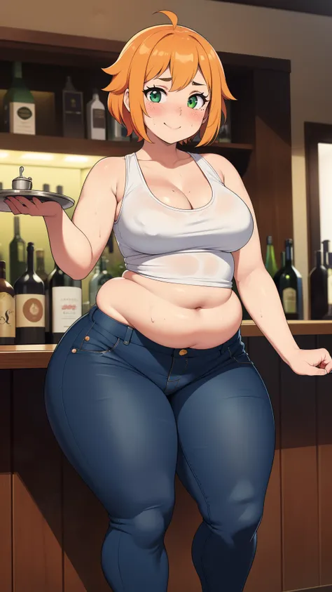 ((highres)), Masterpiece, high quality, best quality, beautiful, perfect lighting, detailed face, ultra cute face, ((1girl)), ((solo), short fluffy orange hair, green eyes, freckles, sweat, ((blush)), dunk smile, looking at viewer, leaning on bar, standing...