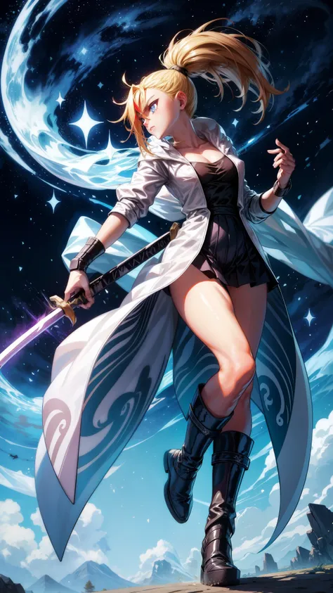 1 girl, ultra long hair, ultra detailed face, glowing lips, glowing blue eyes, very long ponytail, elegant walk, catwalk, holding down a  giant katana, blonde, long eyelashes, long boots , looking to the sky, starry sky, a ultra giant katana 