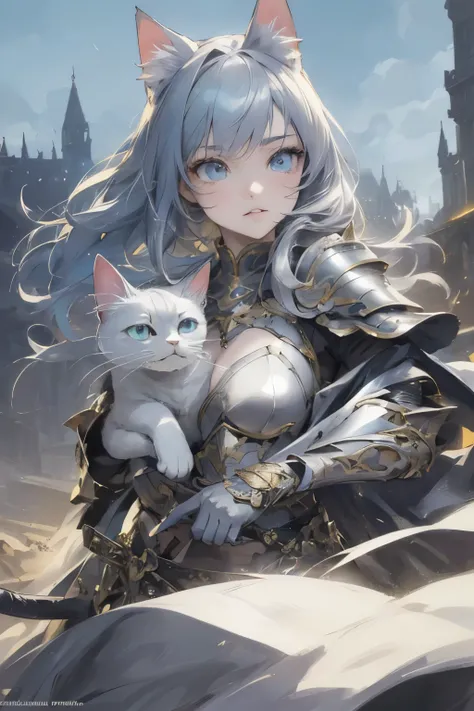 anime girl with cat and sword in front of a building, (best quality,4k,8k,highres,masterpiece:1.2), ultra-detailed, (realistic,photorealistic,photo-realistic:1.37), anime fantasy illustration, beautiful detailed eyes, beautiful detailed lips, extremely det...