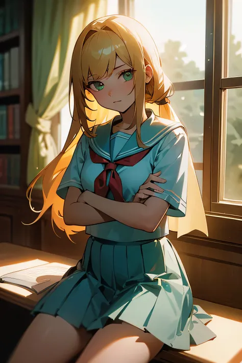 ((masterpiece,highest quality, High resolution)), 1 girl, alone, green eyes, long blonde hair tied with a blue ribbon, dull bangs, sitting, arms crossed on the table, sleep with arms crossed, , white serafuku, red sailor collar, short sleeve, white pleated...