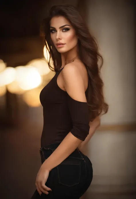 a woman with long brown hair and in a top and tight pants, tumblr, innocent face, evil face, digital art, attractive beautiful face, beautiful model girl, extremely beautiful face, very beautiful sexy figure girl, , beautiful girl model, photo of a beautif...