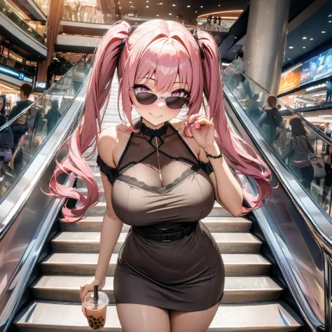 A woman wearing a brown cold dress, hot pink hair with gray details, pigtails, pink eyes, smiling, wearing sunglasses, walking on a sidewalk, on an escalator in a large shopping mall, with bubble tea in your hand, big breasts. , HDR, ultra resolution, very...