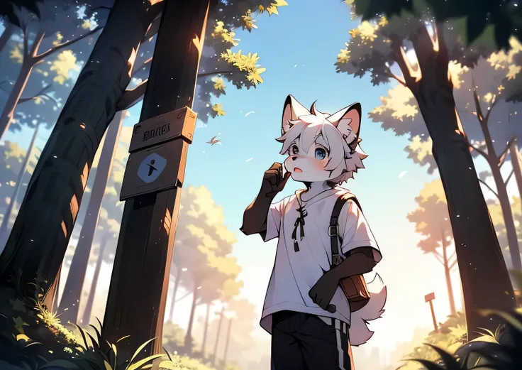 horny boy，Furry Shiba Inu，((Shota)), black and white hair, In good shape, Handsome，Lovely, Light：Extreme Light and Shadow, Anti-Light skin,reddened skin，((shabby clothes，Commoner)) ，((Deep in the forest，stone road，sign，solo，the only person))，outdoor sunset...