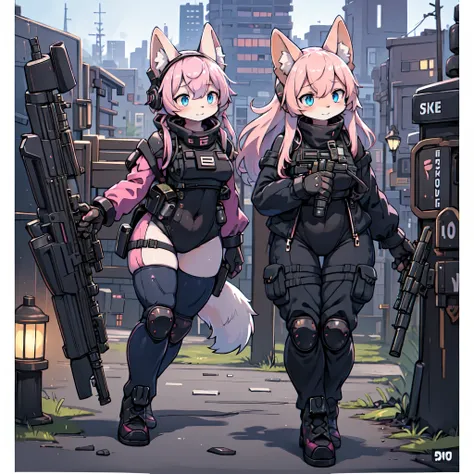 (best quality,4k,8k,highres,masterpiece:1.2),ultra-detailed,(realistic,photorealistic,photo-realistic:1.37),Kawaii, pink striped Fluffy Fox, Pink hair, Blue Eye, Red Eye, heterochromia, Solo, body fur, in the Night Ruined city, Mechanical tissue skin, cybe...