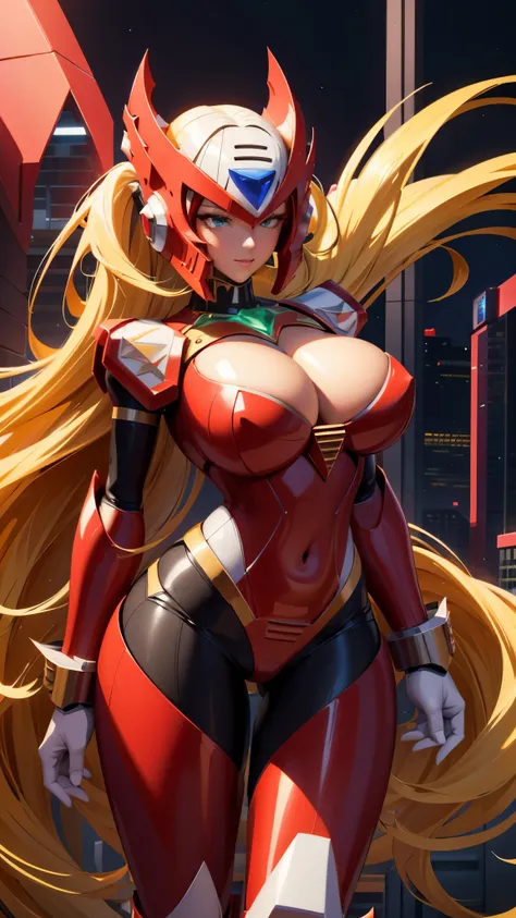 A beautiful woman, hands behind head, 1 girl, (( mecha)), sexy body figure, long legs, large breasts, (cleavage), busty, beautiful face, Vanessa Kirby, milf, age 28, royal, long blonde color hair, pony tail, helmet, fine armor, futuristic armor, sci fi, in...