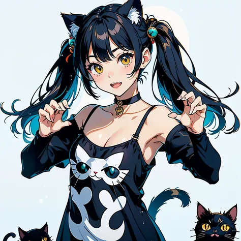 (highest quality, masterpiece, High resolution)、(anime art)、cinematic light、soft light、two girls、black hair、Black cat costume、White Cat Costume、Tabby cat costume、Striped cat costume、Persian Cat Costume、(3-color cat costume)、(loose t-shirt)、loose shirt、off ...