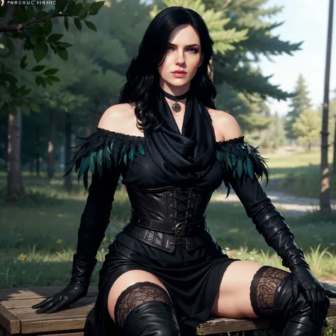 Yennefer, in forest, long hair, black hair, purple eyes, scarf, black dress, bare shoulders, feathers, thighhighs, gloves, boots, choker, corset, elbow gloves, (intricate details), perfect eyes, pruple eyes, perfect face, perfect lighting, beautiful, (mast...
