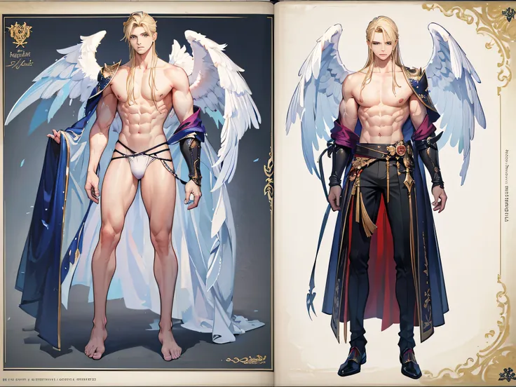 ((Masterpiece, Highest quality)), Male, boy, Detailed face, character design sheet， full bodyesbian, Full of details, frontal body view, back body view, Highly detailed, Depth, Many parts, angel wings, Muscle boy with blonde long hair，handsome man, male an...