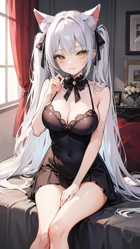 masterpiece, highest resolution, highest quality, white camisole, bedroom, seductive smile, big breasts, cat ears, floral, yellow eyes, gray hair, twintails,