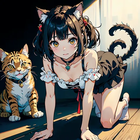 (highest quality, masterpiece, high resolution)、(anime art)、cinematic light、soft light、two girls、black hair、black cat costume、wh...