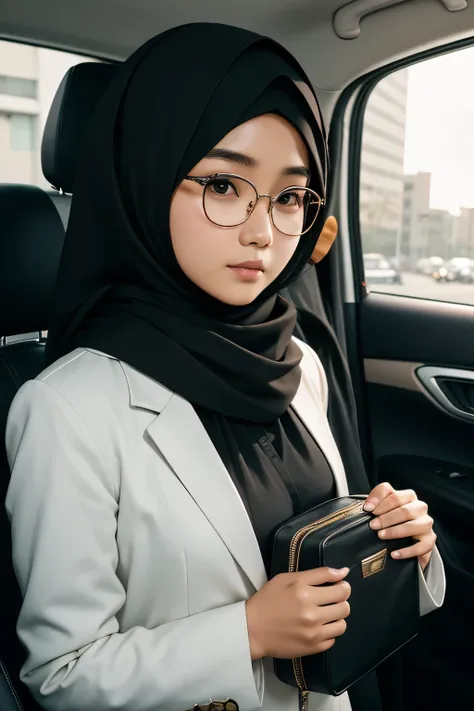 Detailed face of half body photo. 25 year old Indonesian girl with a sweet  face,  big  round face and  round glasses, wearing a black pashmina hijab and black shirt and a white blazer as outerwear, holding a lunch box in the car

