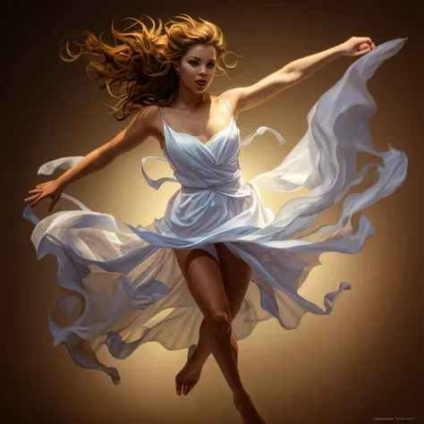 Painting of a woman in a white dress flying in the air, Robre, girl dancing in white dress, raymond swanland style, she is dancing. actual, Stunning young and ethereal figure, art jem style, Stanley Ajem&#39;s style, charlie bowwater character art, style a...