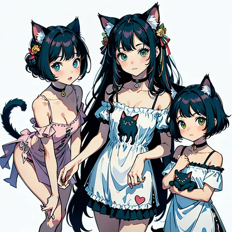 (highest quality, masterpiece, High resolution)、(anime art)、cinematic light、soft light、two girls、black hair、Black cat costume、White Cat Costume、Tabby cat costume、Striped cat costume、Persian Cat Costume、(3-color cat costume)、(loose t-shirt)、loose shirt、off ...