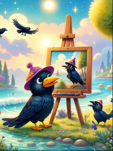 Photos with tilt-shift effect, Selective focus, Miniature effects, Very detailed, bright, View control, Naturally tilted pictures (Whimsical sense of art), charming additional fluffy, Cute crow wearing a hat, ((He painted a still life on his easel, brush, ...