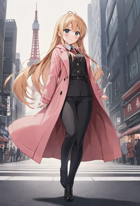 anime character of a woman wearing a pink coat and black pants chibi blush ((wearing a long coat)), full body of a single charac...