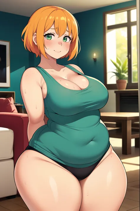 ((highres)), Masterpiece, high quality, best quality, beautiful, perfect lighting, detailed face, ultra cute face, ((1girl)), ((solo), short fluffy orange hair, green eyes, freckles, sweat, ((blush)), dunk smile, looking at viewer, arms behind back, standi...