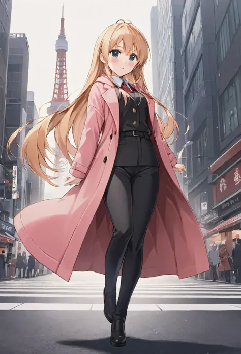 anime character of a woman wearing a pink coat and black pants chibi blush ((wearing a long coat)), full body of a single character, single full body character, full body portrait of the character, anime style character, dressed in long flowing clothes, fe...