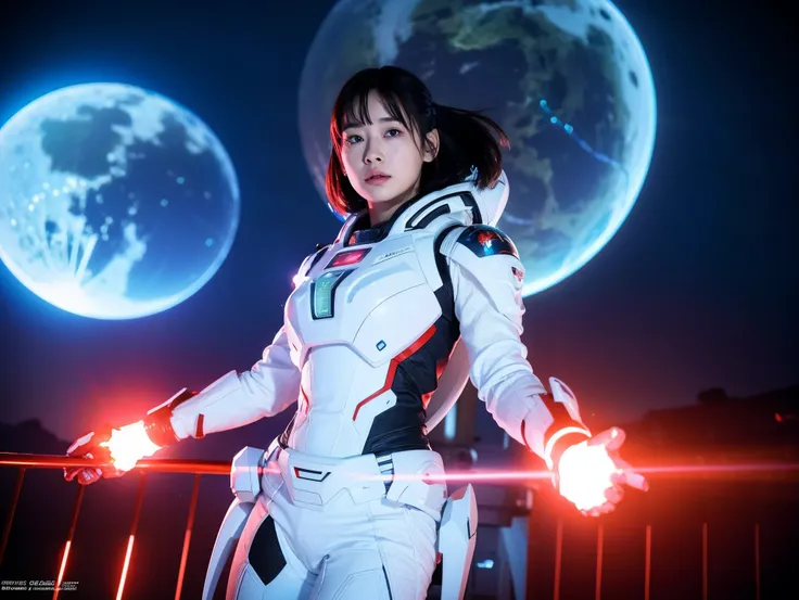 (Raw photo, highest quality), (realistic, Photoreal:1.3), 1 girl、realisticbody、Pleiades Space Warriors、White and red combat skirt、spaceship coming from space、Battle against reptilian aliens、shield and ray gun、serious expression