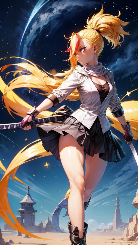 1 girl, ultra long hair, ultra detailed face, glowing lips, glowing blue eyes, very long ponytail, elegant walk, catwalk, holding down a  giant katana, blonde, long eyelashes, long boots , looking to the sky, starry sky, a ultra giant katana 