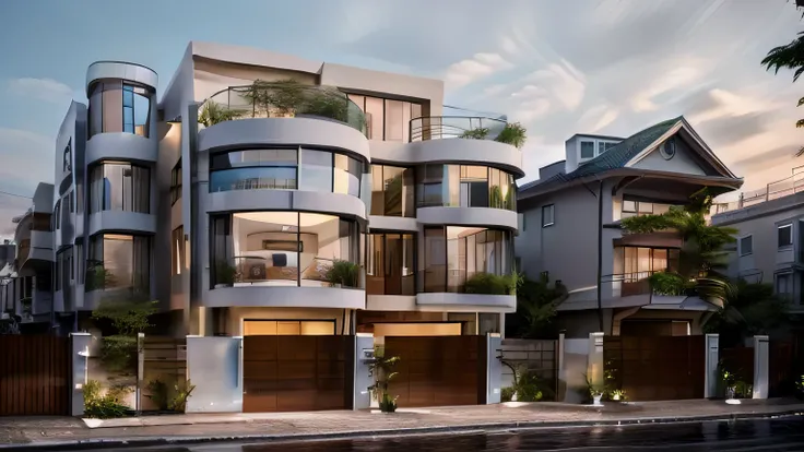 Townhouse, daylight ( best quality) ((high solution)) ,(( photo realistic)) ,warm light, (sharp focus) front view of townhouse in style of modern,small house, Narrow area,VietNam,facade, curved arch,beautiful facade,curved windown,narrow and long ,two-stor...