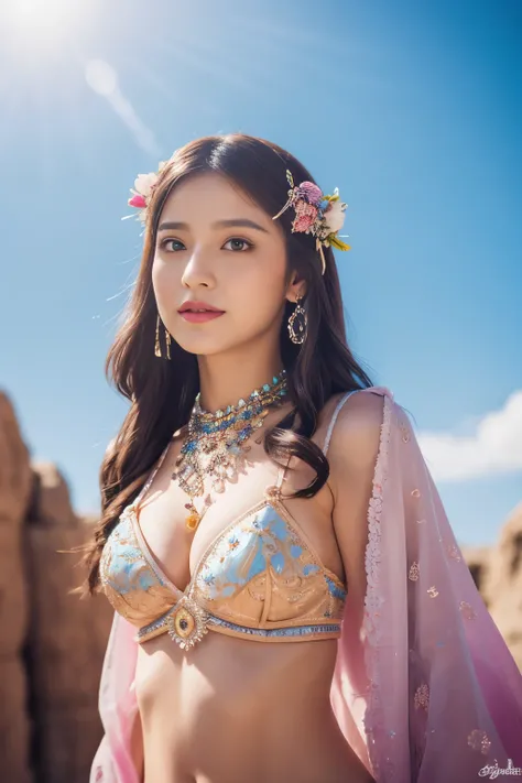 colorful, sky, flowers, magical, fantasy, tale, top-quality,Beautiful detailed hijabi,Bewitching face,tzuyu iu yooa ,long lashes,Wearing a colorful bellydancer,Detailed details,Colossal ,With cleavage, underboob, sideboob,stares at the camera, javanese cas...