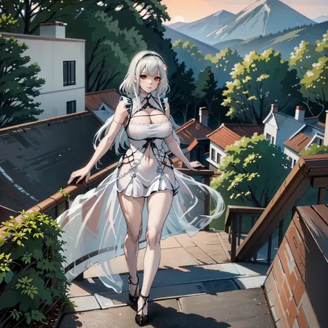 a woman wearing a red dress, white hair, red eyes, big breasts, on a roof of a modern house, with a view of a large forest at ni...