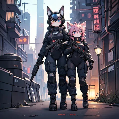 (best quality,4k,8k,highres,masterpiece:1.2),ultra-detailed,(realistic,photorealistic,photo-realistic:1.37),Kawaii, pink striped Fluffy Fox, Pink hair, One Blue Eye, One Red Eye, heterochromia, 3girl, body fur, in the Night Ruined city, synthetic tissue sk...