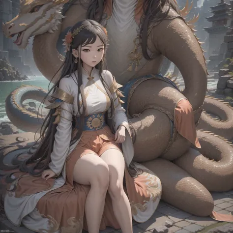 Middle school student in bright orange chiffon dress sitting on a large 鹿角 statue, queen of the sea mu 奈斯 ling, cinematic, by Super Realism, the dragon girl portrait, Guan Xiaotong fantasy, wl op and ross winter rain, ross netflix drama and crossing, full ...