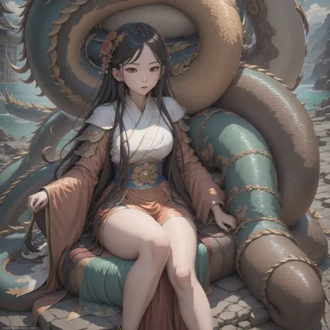 Middle school student in bright orange chiffon dress sitting on a large 鹿角 statue, queen of the sea mu 奈斯 ling, cinematic, by Super Realism, the dragon girl portrait, Guan Xiaotong fantasy, wl op and ross winter rain, ross netflix drama and crossing, full ...