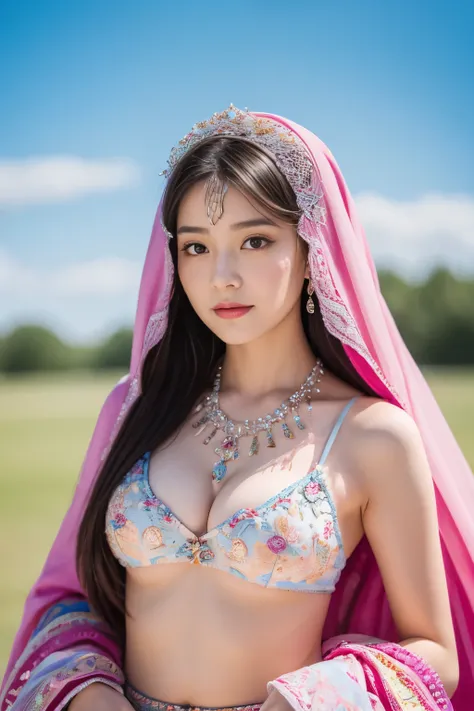 colorful, sky, flowers, magical, fantasy, tale, top-quality,Beautiful detailed hijabi,Bewitching face,tzuyu iu yooa ,long lashes,Wearing a colorful bellydancer,Detailed details,Colossal ,With cleavage, underboob, sideboob,stares at the camera, hogwarts