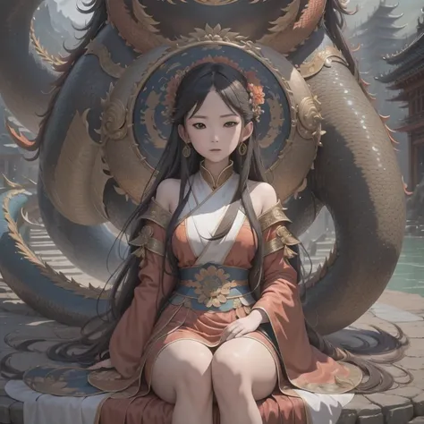 Middle school student in bright orange chiffon dress sitting on a large 鹿角 statue, queen of the sea mu 奈斯 ling, cinematic, by Super Realism, the dragon girl portrait, Guan Xiaotong fantasy, wl op and ross winter rain, ross netflix drama and crossing, full ...