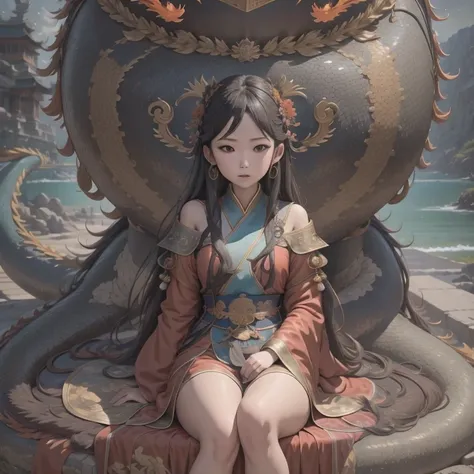 Middle school student in bright orange chiffon dress sitting on a large 鹿角 statue, queen of the sea mu 奈斯 ling, cinematic, by Super Realism, the dragon girl portrait, Guan Xiaotong fantasy, wl op and ross winter rain, ross netflix drama and crossing, full ...