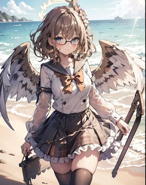 masterpiece, 1girl, sparrow, a brown haired girl, wearing a sailor clothes, curly medium hair, messy hair, slim body, he close her left eye, shirt ornament, aqua eyes, ahoge, baby face, huge breast, beautiful breasts, rounded breasts, long sleeves, beautif...