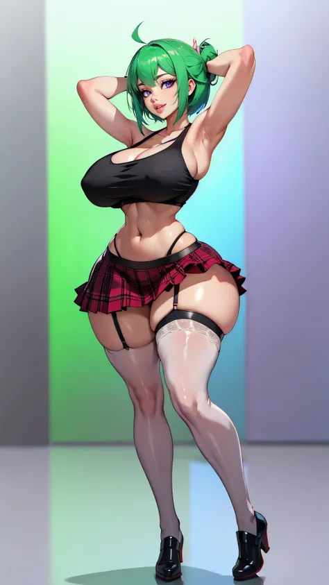 1 girl, green hair, short hair, big lips, green eyes, huge breasts, blush, blush on nose, open abdomen, focused portrait, horrible thighs, high thighs, wide hips, narrow waist , hourglass figure, silly, full body, sexy pose, dynamic pose,, background, stan...