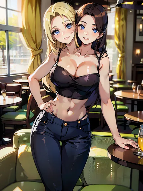 best quality, (masterpiece),(ultra-detailed), (high quality), (high resolution), ((2heads:1.5)), best quality:1.5, highres, UHD, 16K), two headed woman, smiling, highres, masterpiece, (blonde hair), (brown hair), (cleavage), (purple crop top), medium long ...