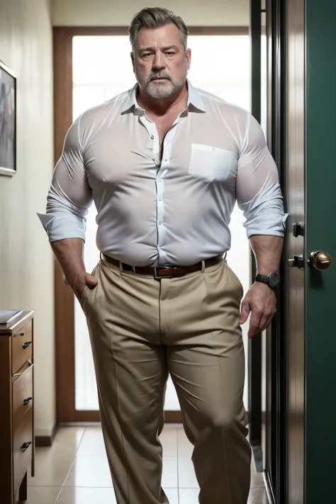 (age: 60, white man, police detective, horny yet disgusting, muscular yet chubby, kind-hearted, buttoned-open translucent shirt ...